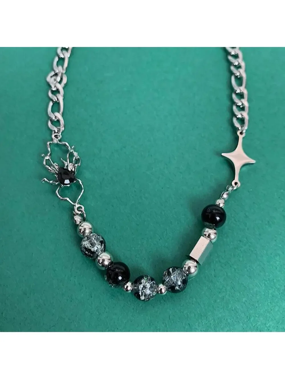 Cyber Y2k 2000s Silver Opium Spider ️ Pendant beaded necklace Cuban link
